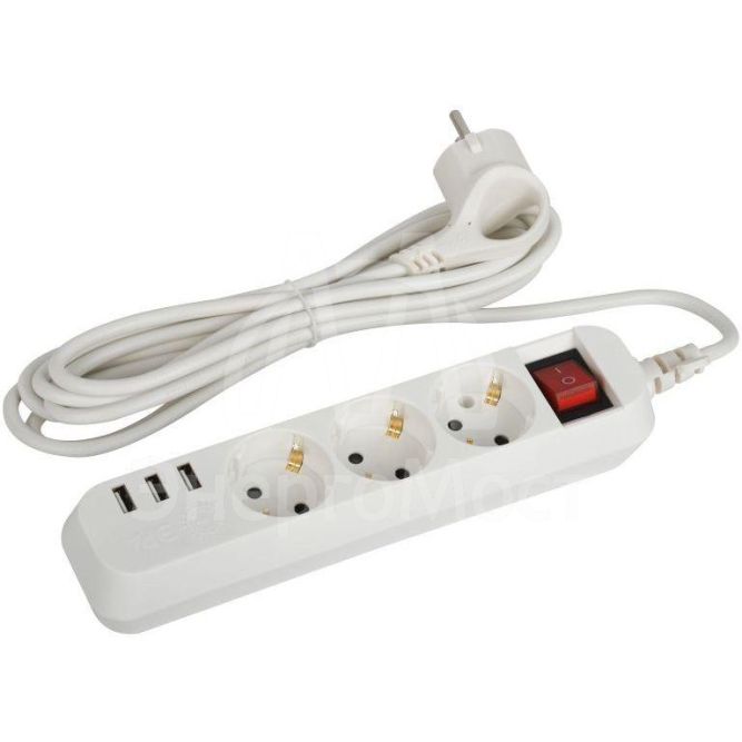 Удлинитель электрический U-3es-3m-USB с заземлением с выключателем 3 розетки+3xUSBA 3м 10А Эра Б0052901