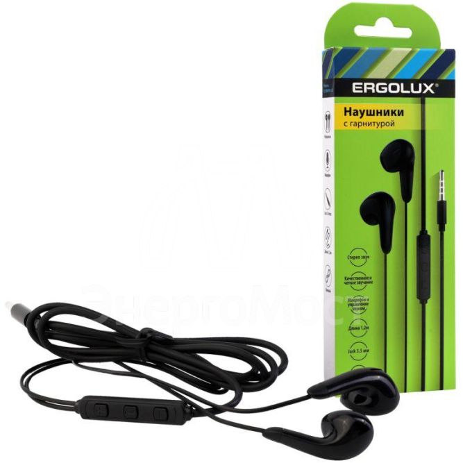 Наушники вкладыши с микрофоном проводные ELX-WHP01-C02 3.5мм 1.2м коробка черн. Ergolux 15282