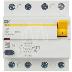 Выключатель дифференциального тока (УЗО) 4п 25А 300мА тип AC ВД1-63 IEK MDV10-4-025-300