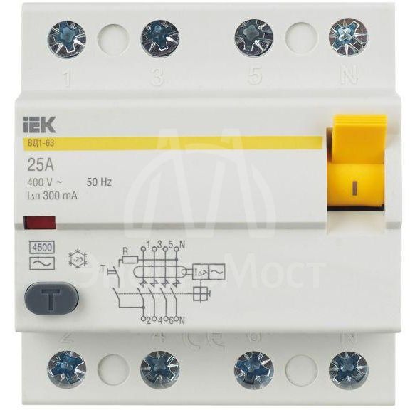 Выключатель дифференциального тока (УЗО) 4п 25А 300мА тип AC ВД1-63 IEK MDV10-4-025-300