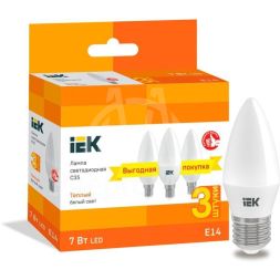 Лампа светодиодная C35 свеча 7Вт 230В 3000К E14 (уп.3шт) IEK LLE-C35-07-230-30-E14-3