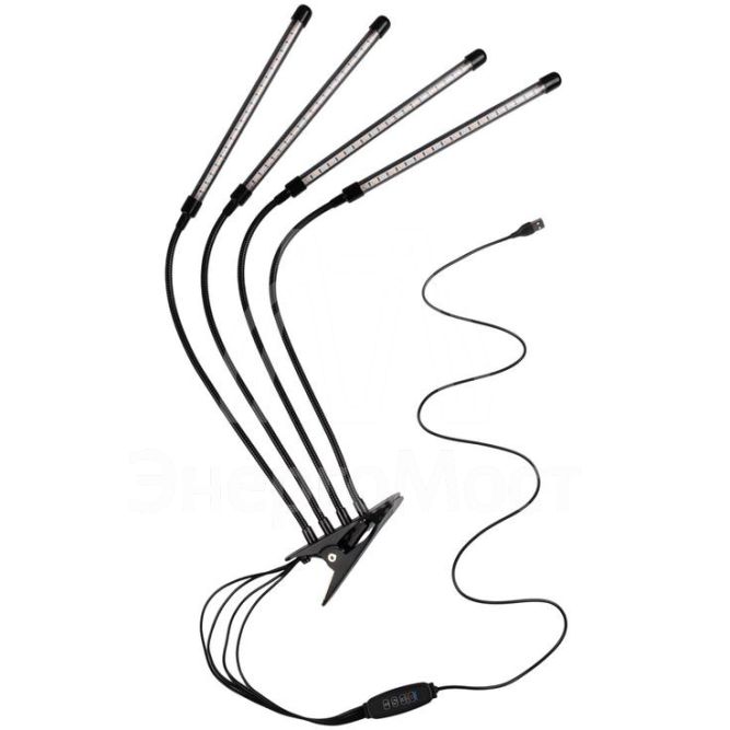 Светильник светодиодный «КРИСТАЛЛ» CTL2-USB-bl Agro для растений спектр 4 плафона по 10Вт на прищепке пульт на шнуре IP40 красн./син. ФАZА 5068810