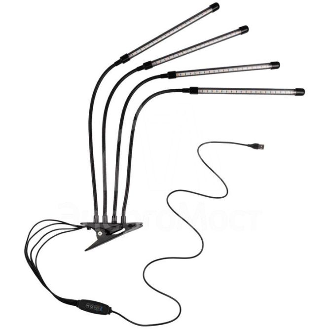 Светильник светодиодный «КРИСТАЛЛ» CTL2-USB-bl Agro для растений спектр 4 плафона по 10Вт на прищепке пульт на шнуре IP40 красн./син. ФАZА 5068810