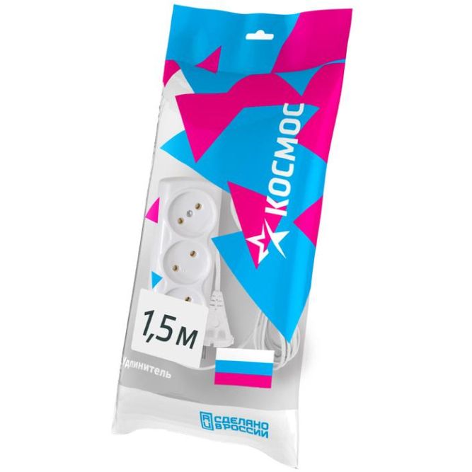 Удлинитель 3х1.5м 6А IP20 ПВС 2х0.75 Космос YKsm1.5m-3g(6A)S