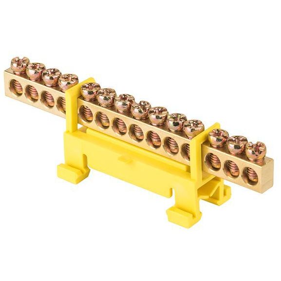 Шина нулевая PE 6х9 14 отверстий желт. изолятор тип "Стойка" на DIN-рейку латунь PROxima EKF sn0-63-14-sy