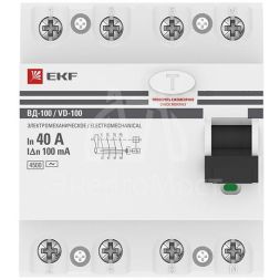 Выключатель дифференциального тока (УЗО) 4п 40А 100мА тип AC ВД-100 (электромех.) PROxima EKF elcb-4-40-100-em-pro