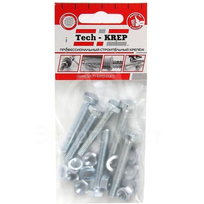 Болт DIN933 с шестигранной головкой М6х40 + гайка+шайба оцинк. (уп.6шт) Tech-KREP 112719