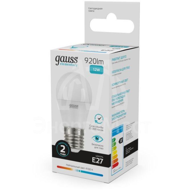 Лампа светодиодная Elementary Шар 12Вт 920лм E27 4100К Gauss 53222