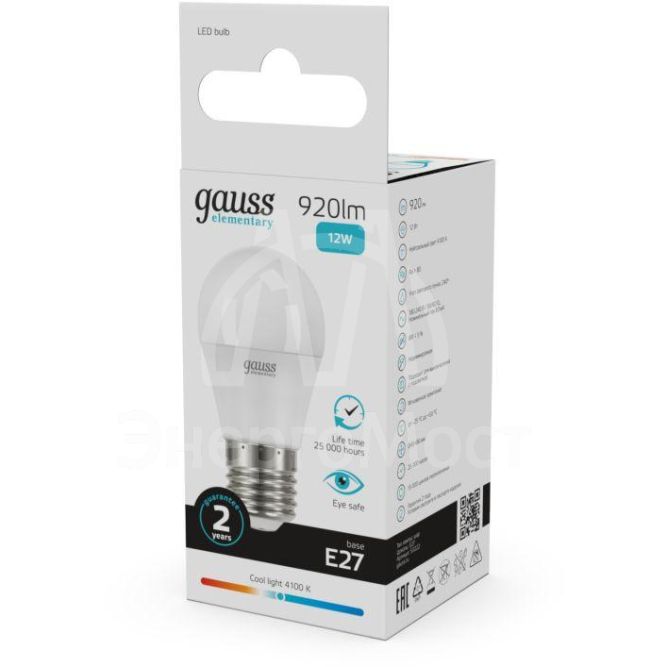 Лампа светодиодная Elementary Шар 12Вт 920лм E27 4100К Gauss 53222