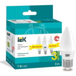 Лампа светодиодная 7Вт C35 свеча 4000К нейтр. бел. E14 230В (уп.3шт) IEK LLE-C35-07-230-40-E14-3