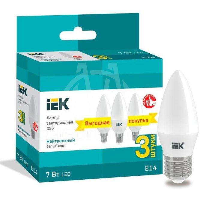 Лампа светодиодная 7Вт C35 свеча 4000К нейтр. бел. E14 230В (уп.3шт) IEK LLE-C35-07-230-40-E14-3
