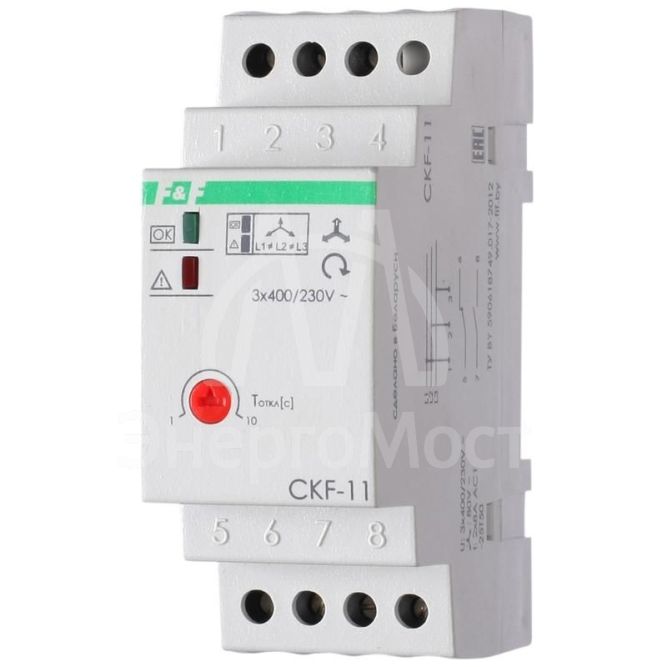 Реле контроля фаз для сетей с изолированной нейтралью CKF-11 (монтаж на DIN-рейке 35мм; регулировка задержки отключения; контроль чередования фаз; 3х400В 8А 1Z 1R IP20)(аналог ЕЛ-11Е) F&amp;amp;F EA04.004.003