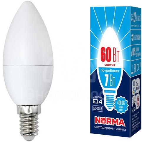Лампа светодиодная LED-C37-7W/NW/E14/FR/NR Norma 7Вт матовая 4000К тепл. бел. E14 (упак. картон) Volpe UL-00003795