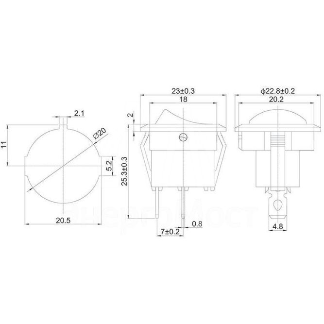 Выключатель клавишный 250В 6А (2с) ON-OFF круглый черн. (RWB-212; SC-214; MRS-102-8) Rexant 36-2550