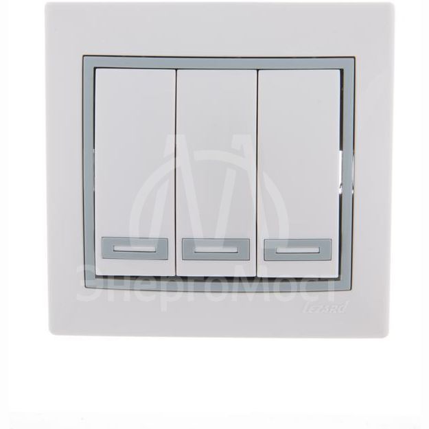 Выключатель 3-кл. СП Мира 10А IP20 с сер. вставкой бел. LEZARD 701-0215-109