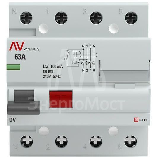 Выключатель дифференциального тока (УЗО) 4п 63А 100мА тип S DV AVERES EKF rccb-4-63-100-s-av
