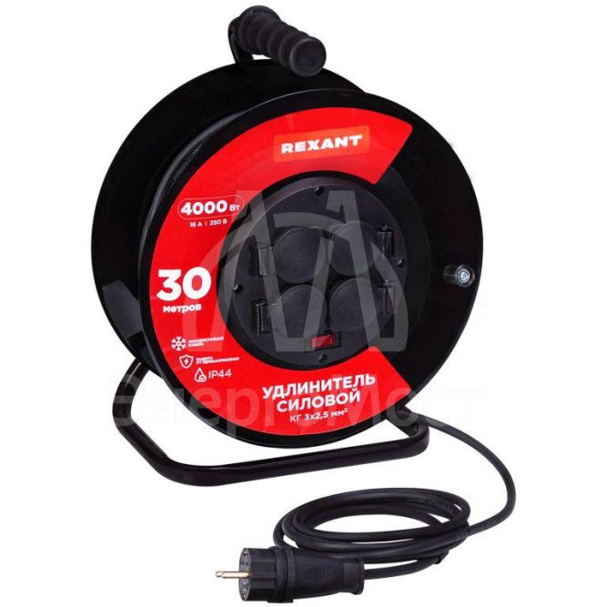 Удлинитель силовой КГ на катушке 4 гнезда с/з 30м 3х2.5кв.мм IP44 с выключателем c защитными крышками металлическая катушка Rexant 13-5014