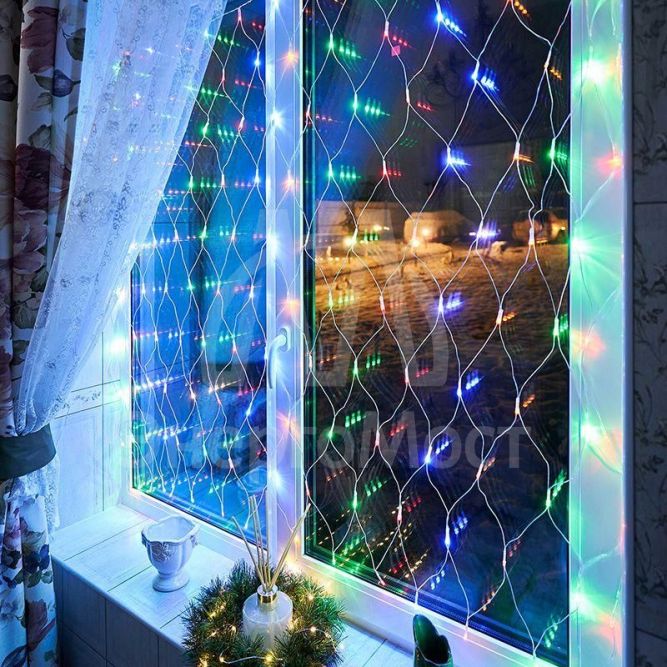 Гирлянда &amp;quot;Сеть&amp;quot; с контроллером 1.5х1.5м 150LED мульти. прозр. провод 12Вт 220В IP20 NEON-NIGHT 215-129