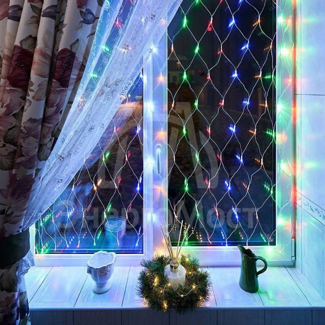 Гирлянда &amp;quot;Сеть&amp;quot; с контроллером 1.5х1.5м 150LED мульти. прозр. провод 12Вт 220В IP20 NEON-NIGHT 215-129