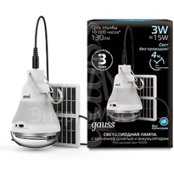 Лампа светодиодная Black 3Вт A60 4000К нейтр. бел. E27 130лм с солнечн. панелью GAUSS 902102203