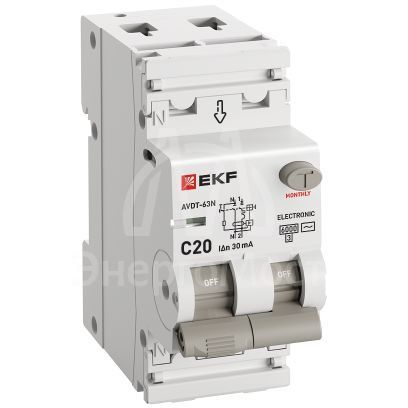 Выключатель автоматический дифференциального тока 2п (1P+N) C 20А 30мА тип AC 6кА АВДТ-63N (электрон.) PROxima EKF D63N26E20C30