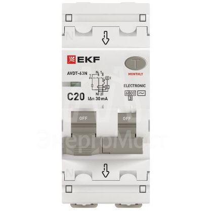 Выключатель автоматический дифференциального тока 2п (1P+N) C 20А 30мА тип AC 6кА АВДТ-63N (электрон.) PROxima EKF D63N26E20C30