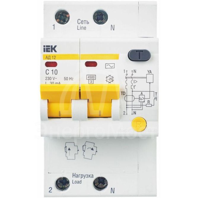 Выключатель автоматический дифференциального тока 2п C 10А 30мА тип AC 4.5кА АД-12 IEK MAD10-2-010-C-030