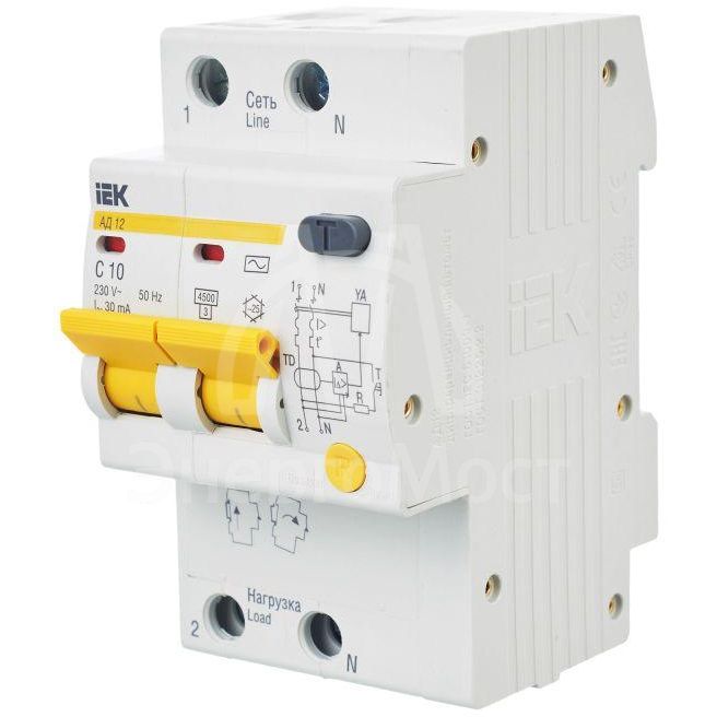 Выключатель автоматический дифференциального тока 2п C 10А 30мА тип AC 4.5кА АД-12 IEK MAD10-2-010-C-030