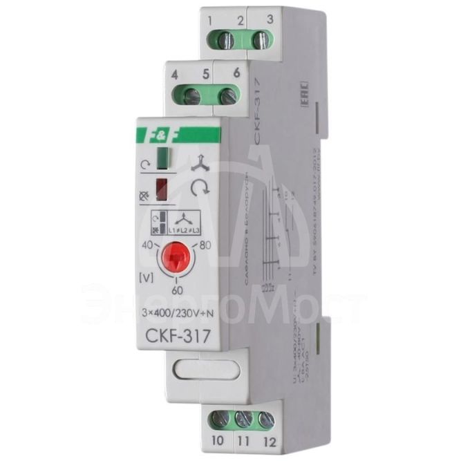 Реле контроля наличия и чередования фаз CKF-317 (монтаж на DIN-рейке 35мм; регулировка порога отключения; 3х400/230+N 8А 1P IP20) F&amp;amp;F EA04.002.006