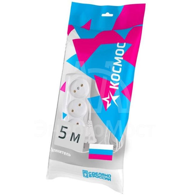 Удлинитель 3х5м 6А IP20 ПВС 2х0.75 Космос YKsm5m-3g(6A)S