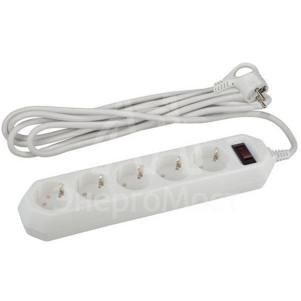 Удлинитель с сетевым фильтром 5х5м USF-5es-5m-W с заземл с выкл. ПВС 3х0.75 бел. ЭРА Б0019738