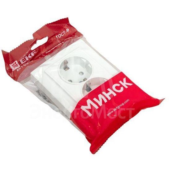 Розетка 2-м СП Минск 16А защ. шторки с заземл. бел. Basic EKF ERR16-128-100