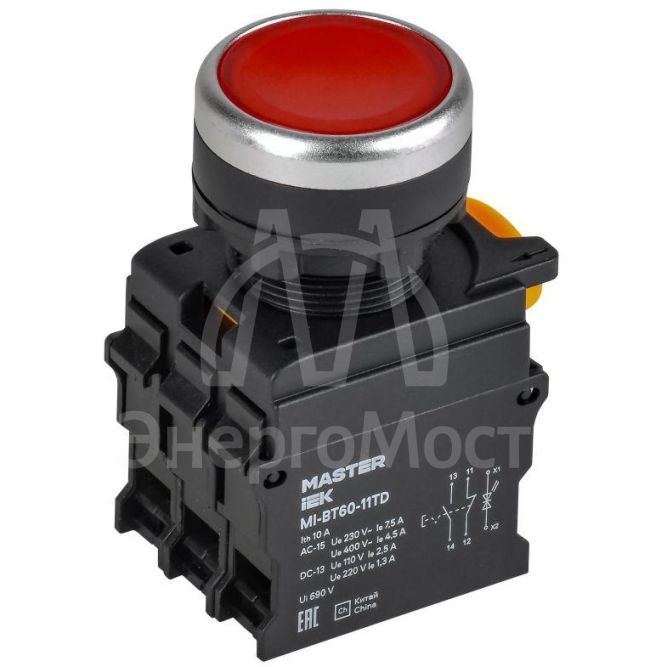 Кнопка d22мм 1НО+1НЗ MASTER с подсветкой и фиксацией красн. IEK MI-BT60-11TD-3-11-K04