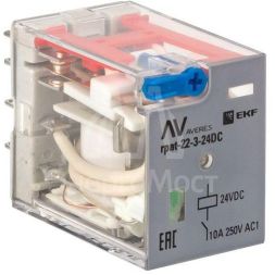 Реле промежуточное RPAt 22/3 10А 24В DC с кнопкой и мех. индикацией AVERES EKF rpat-22-3-24DC