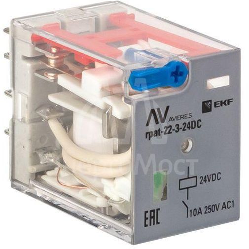 Реле промежуточное RPAt 22/3 10А 24В DC с кнопкой и мех. индикацией AVERES EKF rpat-22-3-24DC