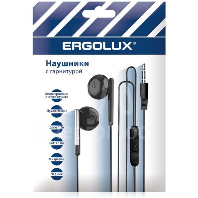 Наушники вакумные с микрофоном проводные ELX-WHP01P-C02 ПРОМО 3.5мм 1.2м пакет черн. Ergolux 15278