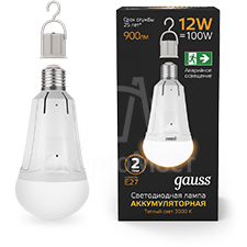 Лампа светодиодная 12Вт A80 3000К тепл. бел. E27 900лм аварийная Li-Ion аккум. GAUSS 102002112