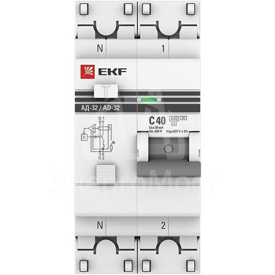 Выключатель автоматический дифференциального тока 1п+N 2мод. C 40А 30мА тип AC 4.5кА АД-32 PROxima EKF DA32-40-30-pro