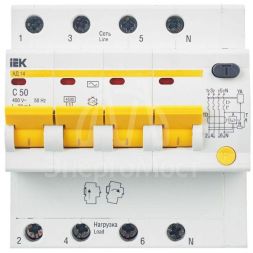 Выключатель автоматический дифференциального тока 4п C 50А 30мА тип AC 4.5кА АД-14 IEK MAD10-4-050-C-030