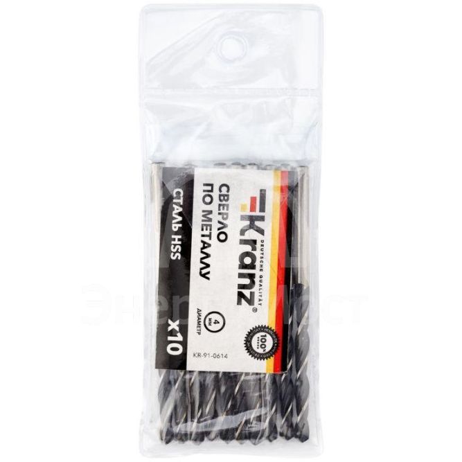 Сверло по металлу 4.0мм HSS DIN 338 (уп.10шт) Kranz KR-91-0614