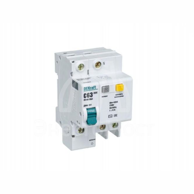Выключатель автоматический дифференциального тока 2п (1P+N) C 63А 30мА тип AC ДИФ-101 со встроен. защит. от сверхтоков DEKraft 15163DEK
