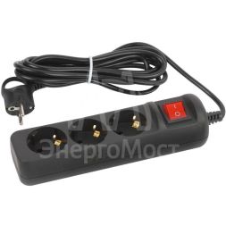 Удлинитель электрический UX-3es-5m-B с заземлением с выключателем 3 розетки 5м ПВС 3х0.75кв.мм 10А черн. Эра Б0057729