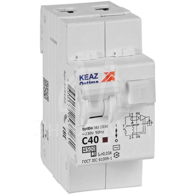 Выключатель автоматический дифференциального тока 2п с защитой от сверхтоков OptiDin D63-22C40-AC-У3 C40 30мА 4.5кА КЭАЗ 328102