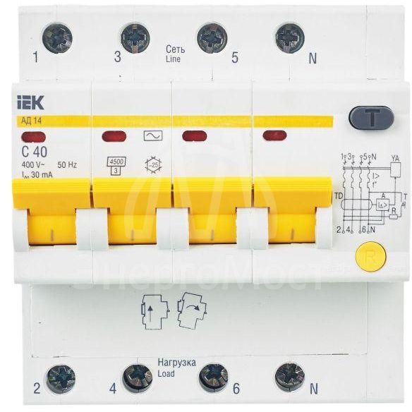 Выключатель автоматический дифференциального тока 4п C 40А 30мА тип AC 4.5кА АД-14 IEK MAD10-4-040-C-030