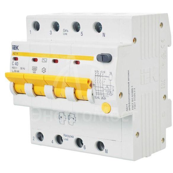 Выключатель автоматический дифференциального тока 4п C 40А 30мА тип AC 4.5кА АД-14 IEK MAD10-4-040-C-030