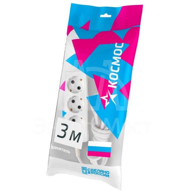 Удлинитель 3х3м с заземл. 10А IP20 ПВС 3х0.75 Космос YKsm3m-3g-Z(10A)P