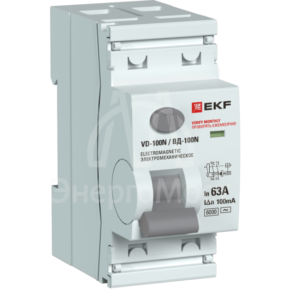 Выключатель дифференциального тока 2п 63А 100мА тип AC 6кА ВД-100N электромех. PROxima EKF E1026M63100