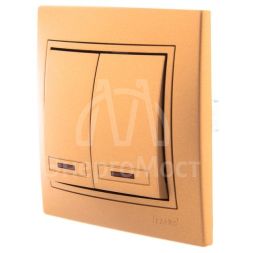 Выключатель 2-кл. СП Мира 10А IP20 с подсветкой со вставкой зол. метал. LEZARD 701-1313-112