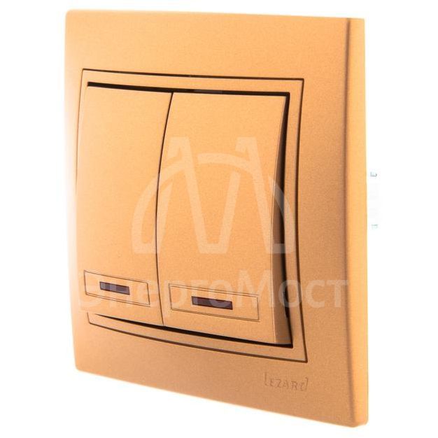 Выключатель 2-кл. СП Мира 10А IP20 с подсветкой со вставкой зол. метал. LEZARD 701-1313-112