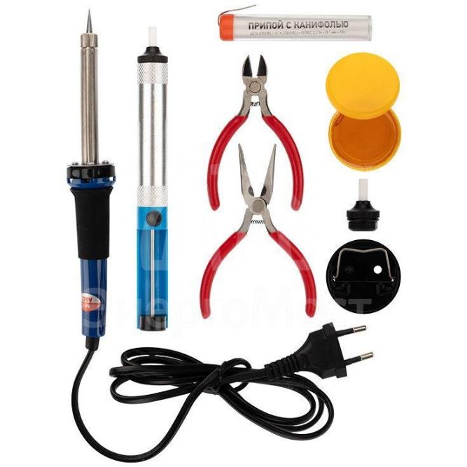 Набор для пайки №13 (паяльник 30Вт подставка губка для удаления припоя канифоль припой) Rexant 12-0166